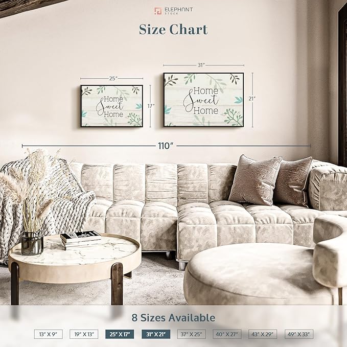 Elephant Stock Home Sweet Home Foliage Wall Art - Horizontal Floating Framed Canvas - 1-Piece Living Room Wall Decor - Leaf Digital Art Canvas Print - Beige and Black Decor for Wall by Susan Jill - 25" X 17"