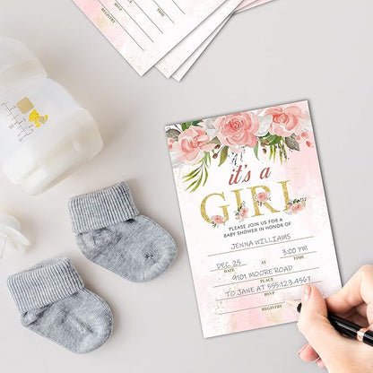 ISOVF 25 Blush Pink Floral Baby Shower Invitation Cards With Envelopes (4" x 6") - Baby Gender Reveal Party Invites For Adults Kids - It's A Girl Baby Shower Party Decorations Supplies(YQK-B01)