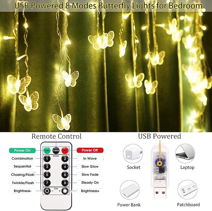 Butterfly Curtain Fairy Lights USB Plug in,120 LED 8 Modes 20FT Firefly Twinkle Icicle String Lights with Remote Timer Waterproof Copper Wire for Bedroom Patio Christmas Wedding Party Dorm(Warm White)
