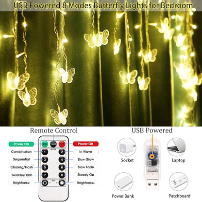 Butterfly Curtain Fairy Lights USB Plug in,120 LED 8 Modes 20FT Firefly Twinkle Icicle String Lights with Remote Timer Waterproof Copper Wire for Bedroom Patio Christmas Wedding Party Dorm(Warm White)