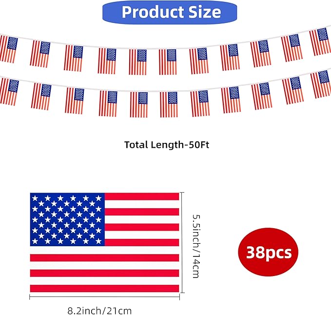 America USA Small String Flags, 50 Feet 38 Pcs American US Pennant Banner Bunting Flags, Patriotic Events, Independence Day, Country Festival, Commemoration, Decorations (USA)