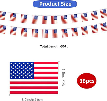 America USA Small String Flags, 50 Feet 38 Pcs American US Pennant Banner Bunting Flags, Patriotic Events, Independence Day, Country Festival, Commemoration, Decorations (USA)