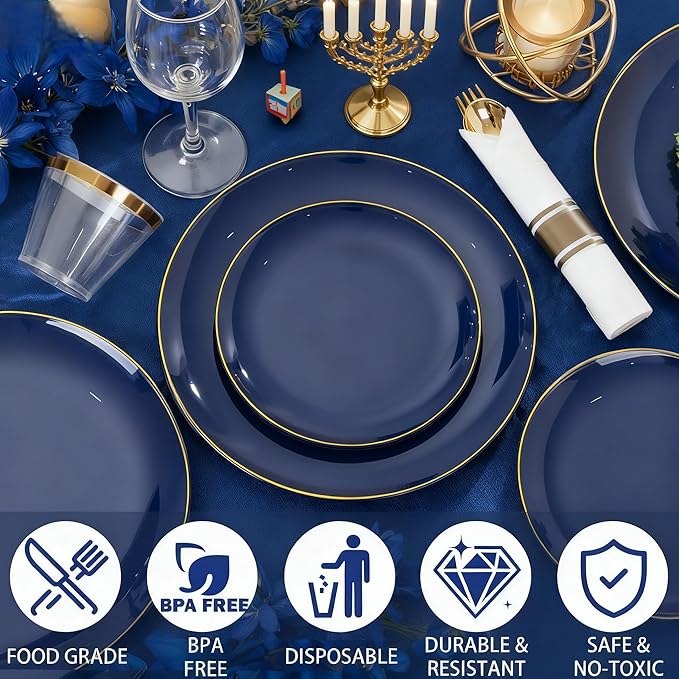 KIRE 175Pcs Blue Plastic Plates - Navy Blue Plates Disposable - 25 for Dinner 25 for Dessert 25 Pre Rolled Napkins with Gold Plastic Silverware and 25 Cups for Hanukkah/Birthday Party/Wedding