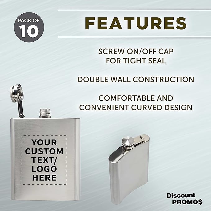 Custom Murano Stainless Steel Hip Flasks 6 oz. Set of 10, Personalized Bulk Pack - Screw on Cap, Great for Wedding Party Gifts, Groomsmen Gifts, Outdoor Activities - Silver