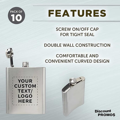 Custom Murano Stainless Steel Hip Flasks 6 oz. Set of 10, Personalized Bulk Pack - Screw on Cap, Great for Wedding Party Gifts, Groomsmen Gifts, Outdoor Activities - Silver