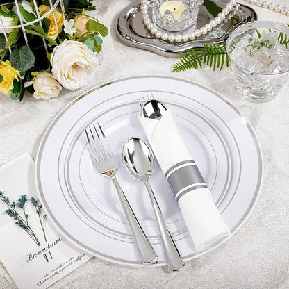 WELLIFE 700 Pcs Silver Plastic Plates for 100 Guests - Christmas Party Supplies Includes 200 Plastic Plates,300 Silver Silverware,100 Napkins,100 Cups for Party,Disposable Dinnerware Set