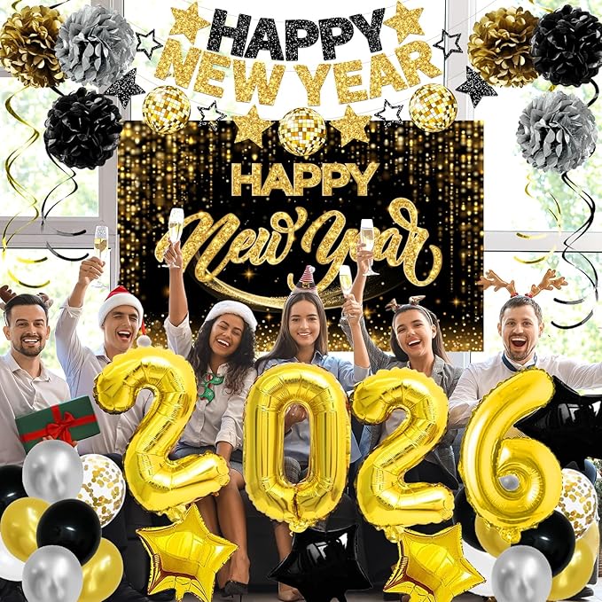 New Years Eve Party Supplies 2026 Happy New Year Decorations Kit - Black Gold Happy New Year Banner, Backdrop, 2026 Balloons, Pom Poms and Hanging Swirls for Kids Adults Party Decor
