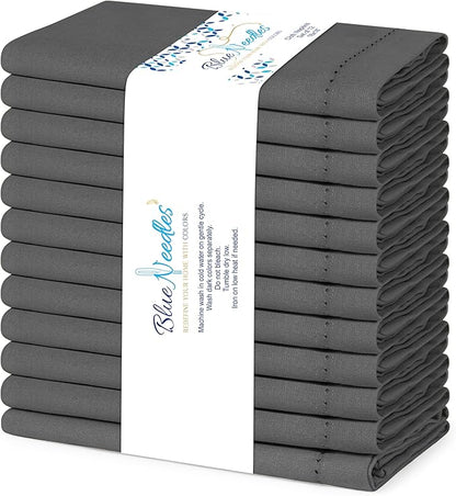 Blue Needles Set of 12 Hemstitch Linen Napkins 100% Cotton Grey Cloth Dinner Napkins 18x18 inches, Soft, Reusable, Absorbent, Washable, Ideal for Fall Thanksgiving Events, Parties & Everyday Use