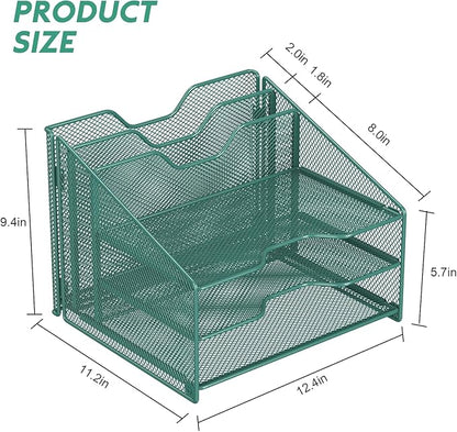 Samstar Green Desk File Organizer, Mesh Letter File Folder Holder with 3 Paper Trays and 2 Vertical Upright Section, for Office Supplies, Desk Accessories & Workspace, Green