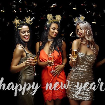 6 Pcs 2026 Happy New Year Headband with Star Boppers Headdresses Black Gold Silver Headdresses for New Year's Eve Party Supplies Holiday Supplies