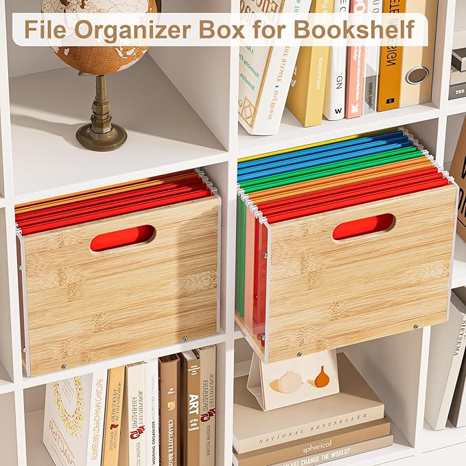 3 Pack Hanging File Organizer, Clear Acrylic File Box Organizer, Bamboo Filing Box File Crate Organizer Storage Boxes, Portable Filing Organizer with Handle for Letter Size