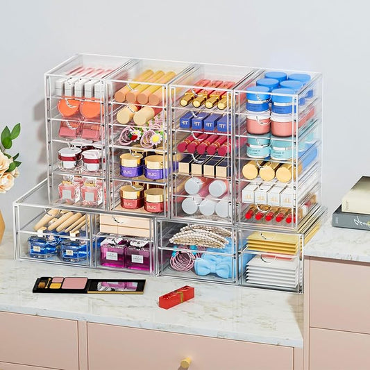 2 Pack Desk Organizers, Makeup Organizer Storage with 7 Drawers, Desktop Office Supplies, Clear Desk Accessories, Dustproof Drawer Organizer and Storage for Make Up, Jewelry, Pen