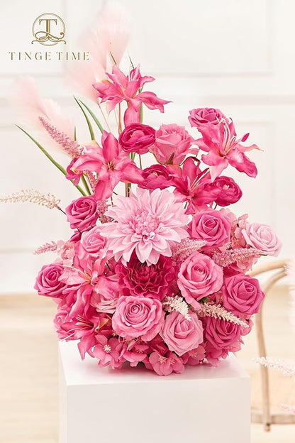TINGE TIME Free-Standing Artificial Flower Set of 2, Table Centerpiece with Rubber Pad, Silk Fake Flower for Wedding Centerpiece Archway Aisle Welcome Entrance (Hot Pink)