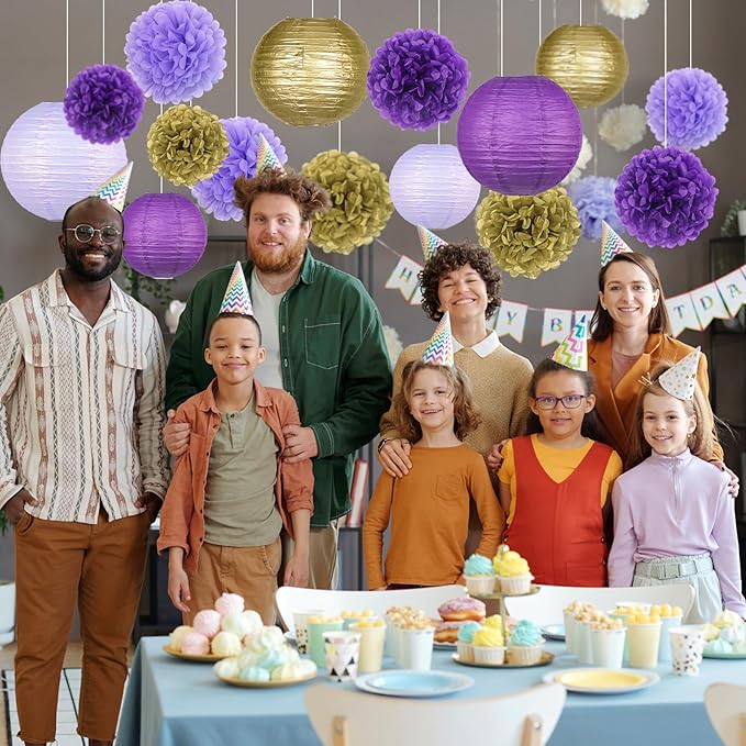 KAXIXI Hanging Party pom pom Set, 15pcs Purple Gold Paper Flowers Pom Poms Balls and Paper Lanterns for Wedding Birthday Bridal Baby Shower Graduation, LanternPomPom010