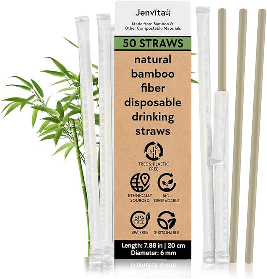 Jenvita Bamboo Powder Biodegradable Straws (50-Pack) - 7.88" Compostable Straws Individually Wrapped | 100% Compostable | Durable & Disposable | Made for Hot & Cold Drinks, Commercial or Home Use