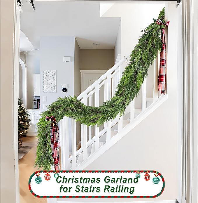 9 FT Christmas Cedar Garland, Thick Green Cypress Garlands, Real Touch Pine Garlands, Realistic Garland Christmas Decorations for Outdoor Indoor Table Mantel Railing Stair Porch Decor