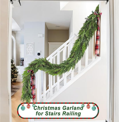 9 FT Christmas Cedar Garland, Thick Green Cypress Garlands, Real Touch Pine Garlands, Realistic Garland Christmas Decorations for Outdoor Indoor Table Mantel Railing Stair Porch Decor