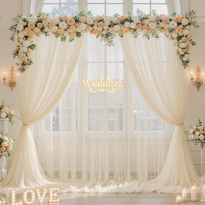 Champagne Sheer Backdrop Curtains for Parties Wedding Baby Shower Birthday Tulle Backdrop Drapes for Engagement Bridal Shower Christmas Photoshoot Background Decorations 10 ft X 10 ft, 2 Panels