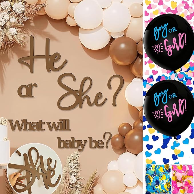 Large Wooden Gender Reveal Decals for Backdrop 36 Inch Boy or Girl Balloons He or She What Will Baby Be Decorations for Balloon Arch Sticker Oh Baby Shower Sign Gender Reveal Ideas Banner Photo Props