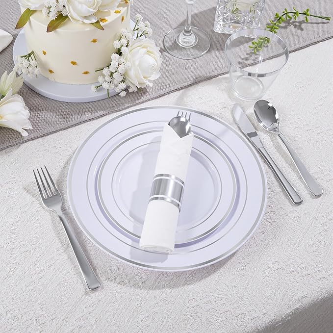 DaYammi 350PCS Silver Plastic Dinnerware Set for 50 Guests, Fancy Disposable Plates for Christmas, Include: 50 Dinner Plates, 50 Dessert Plates, 50 Pre Rolled Napkins with Silver Silverware, 50 Cups