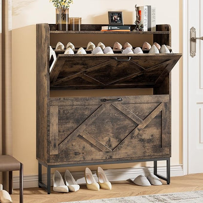 Nicetree Shoe Cabinet with 2 Flip Drawers, Freestanding Shoe Storage Cabinet with Metal Legs, Farmhouse Shoe Organizer for Entryway, Foyer, Hallway