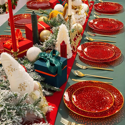 Rubtlamp 60 Pcs Red Plasitc Plates, Gold Red Disposable Plates, Fancy Party Plates, Hammered Plastic plates Include 30 Dessert Platos, 30 Dinner Platos for Party, Thanksgiving&Christmas