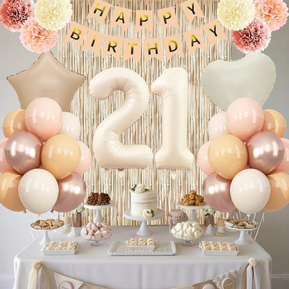 Beige 21st Birthday Decorations for Her Cream Number 21 Balloon Nude Gold Happy Birthday Banner Fringe Curtain Paper Pom Poms Blush White Sand Champagne Star Foil Balloons Neutral Boho Party Decor