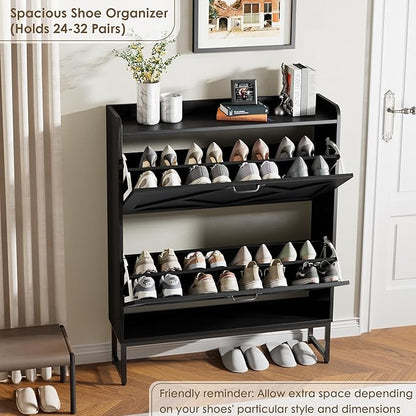 Nicetree Shoe Storage Cabinet with 2 Flip Drawers, Freestanding Shoe Organizer, Shoe Cabinet with Metal Legs, Narrow Shoe Rack Cabinet, Farmhouse Slim Shoe Cabinet for Entryway, Foyer, Hallway, Black