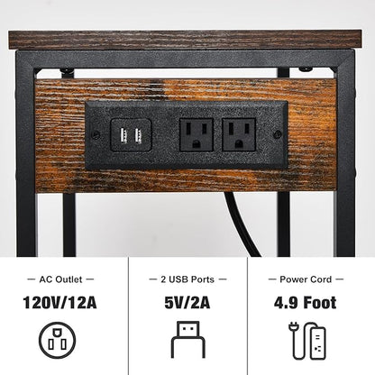 Tall End Table with Charging Station, 3 Tier Narrow Tall Nightstand with Storage, Slim Side Table with USB Ports and Outlets for Bedroom, Living Room, Office, Rustic Brown and Black