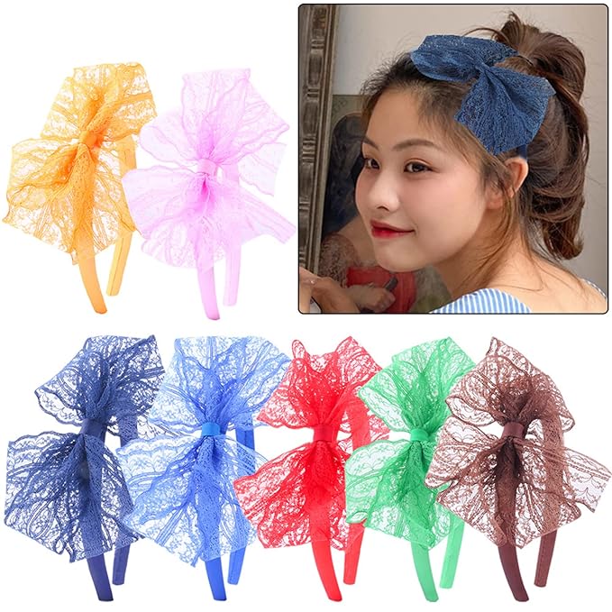 10pcs 80s Lace Headbands Bows 80s Costumes For Women Girls Neon Lace Headband Bulk Outfits Party Accessories