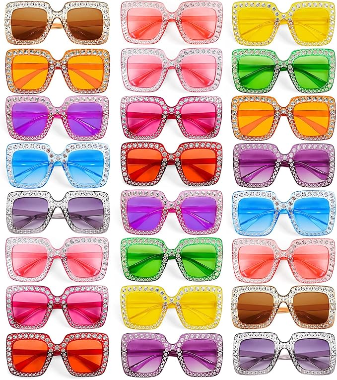 Pibupibu 12/24 Pack Fun Oversized Square Crystal Sunglasses for Women Bulk, Disco Rhinestone Sparkling Glasses Party Favors