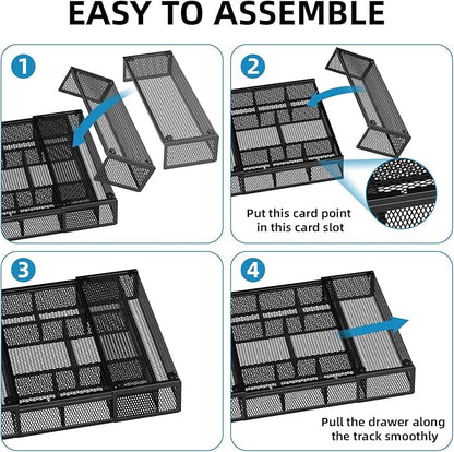 Marbrasse Expandable Desk Drawer Organizer, Mesh Drawer Organizer Tray with 10 Adjustable Compartments, Desk Organizers and Accessories, 5 Dividers Drawer for Office Supplies, Makeup & Vanity (Black)