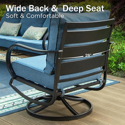 PHI VILLA Patio Furniture Set with FirePit Table, Outdoor Furniture with 1 x 3-Seat Deep Seating Bench, 2 x Swivel Sofa Chairs & 2 Ottomans, 5.75" Cushioned Outdoor Conversation Set for 5, Navy Blue