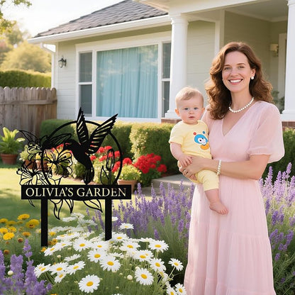 Personalized Garden Sign with Hummingbird & Flower Design – Custom Metal Yard Stake, Outdoor Lawn Name Plaque, Weatherproof Garden Decor, Gift for Gardeners & Housewarming