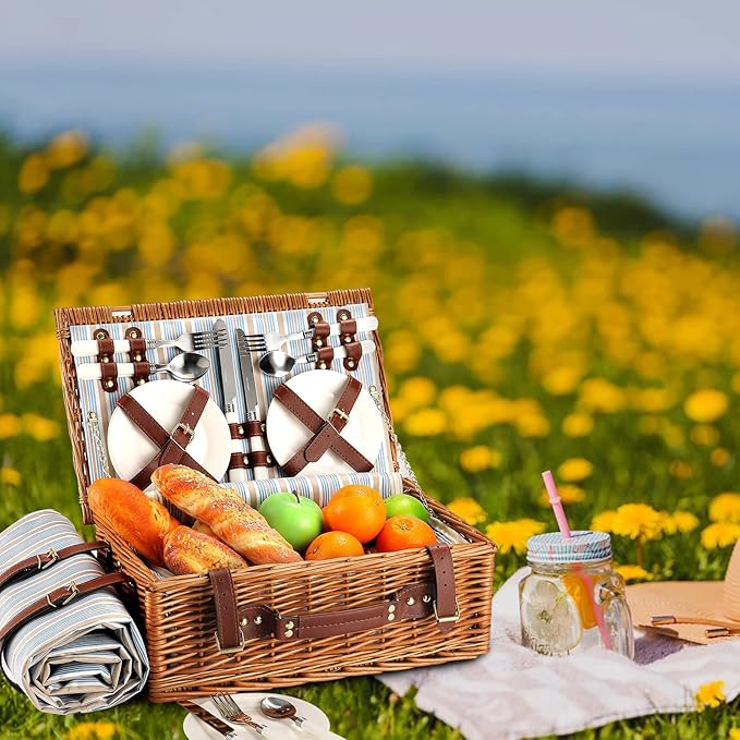 Picnic Basket for 4 Persons with Waterproof Picnic Blanket and Insulated Cooler, Large Wicker Picnic Basket for Camping, Outdoors, Valentine's Day, Christmas, Birthday, Wedding Gift