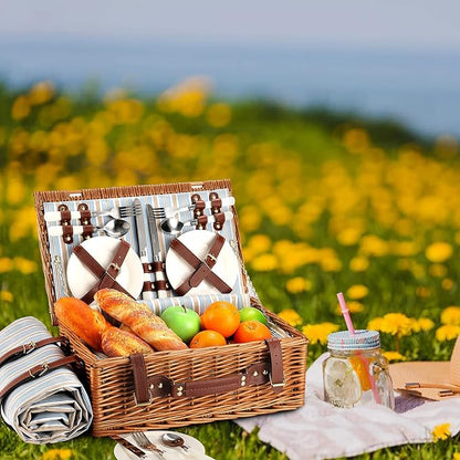 Picnic Basket for 4 Persons with Waterproof Picnic Blanket and Insulated Cooler, Large Wicker Picnic Basket for Camping, Outdoors, Valentine's Day, Christmas, Birthday, Wedding Gift