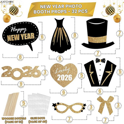 KatchOn, Glitter New Years Photo Booth Props 2026 - Pack of 32 | Photo Booth Props 2026, Happy New Years Decorations 2026 | Photo Props 2026, New Years Eve Party Supplies 2026