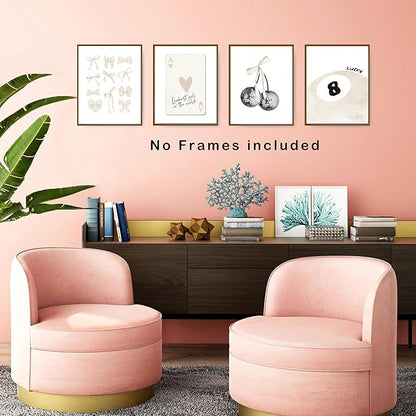okaxscm Beige Coquette Trendy Preppy Wall Art Prints Set of 4, Coquette Room Decor, Preppy Room Decor Aesthetic, Beige Bow Disco 8 Ball Cherry Wall Decor Posters for Girls Bedroom Dorm, 8x10 Unframed