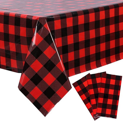 Kesfey 3 Packs Buffalo Check Plaid Table Cloth 54 x 108 Inches Red and Black Gingham Christmas Party Tablecloth Winter Plastic Checkered Tablecover for Dinner Picnic