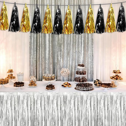 3P Black Gold Tassel Banner Garland Metallic Foil Fringe Banner Tinsel Tassels Streamer Banner Backdrop for Parade Floats, 2025 Graduation Decorations, Father's Day,New Years Party Decoration