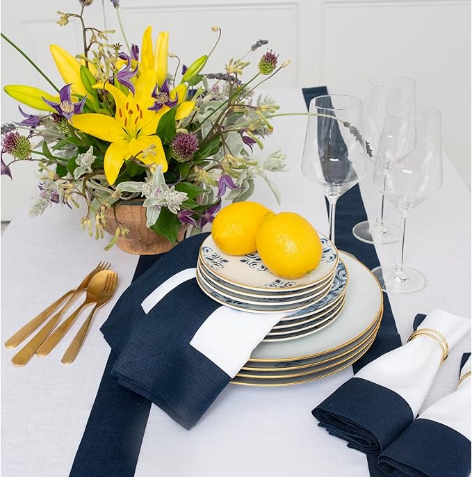 Solino Home Linen Table Runner 120 Inches Long - Navy and White 100% Pure Linen 14 x 120 Inch Table Runner for Dining, Fall, Autumn, Christmas, Holiday, Winter, New Year - Contempo