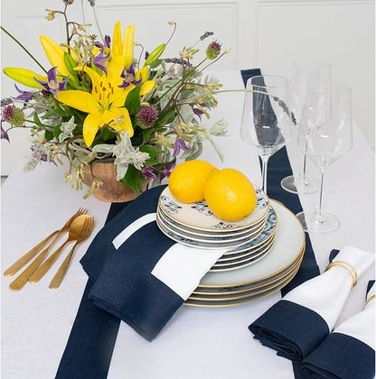 Solino Home Linen Table Runner 90 Inches Long - 100% Pure Linen Navy and White Table Runner 14 x 90 Inch for Fall, Autumn, Christmas, Holiday, Winter, New Year - Contempo