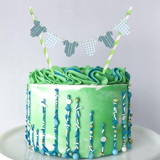 Green Baby Shower Cake Topper - Green Bodysuit Gingham Cake Topper,Gender Reveal Decor,Baby Shower Cake Decorations,Gingham Onesie Party Decorations (green-1)