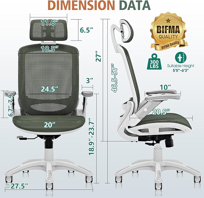 GABRYLLY Ergonomic Office Chair, High Back Home Desk Chair with Headrest, Flip-Up Arms, 90-120° Tilt Lock and Wide Cushion, 300LBS Mesh Chairs for Man Woman, White Task Chair(Olive Green,GY01WOG)