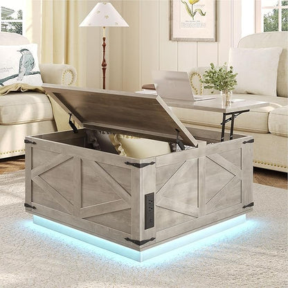 Farmhouse Lift Top Coffee Table, Square Wood Center Table with LED Lighting, USB-C Charging Station, and Hidden Storage Compartment - Rustic Grey Living Room Furniture