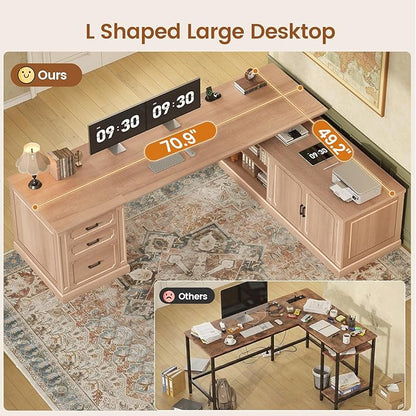 SEDETA Farmhouse L Shaped Desk with Drawers, 70.9" Home Office Desk with Storage Cabinet and Storage Shelves, L Shaped Computer Desk with Power Outlet，Oak