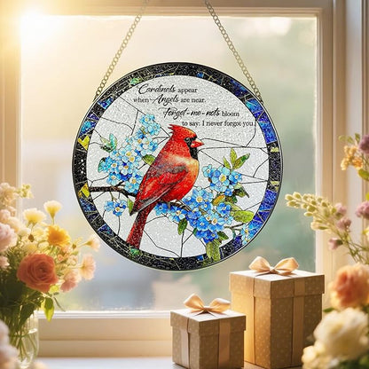 Cardinal Stained Glass Window Hanging, 8 Inch Sun Catchers Indoor Window, Suncatchers for Windows Hanging, Home Decor and Memorial Gift, Sympathy Gift, Cardinal Gifts, in Memory of Loved One Gifts