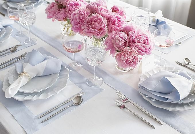 Solino Home Linen Table Runner 48 Inches - 100% Pure Linen Light Blue and White Table Runner 14 x 48 Inch Ideal for Dresser and Coffee Tables, Christmas, New Year - Contempo