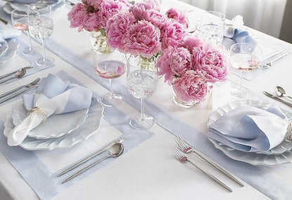 Solino Home Linen Table Runner 108 Inches Long - 100% Pure Linen Light Blue and White Dining Table Runner 14 x 108 Inch for Winter, Christmas, New Year - Contempo