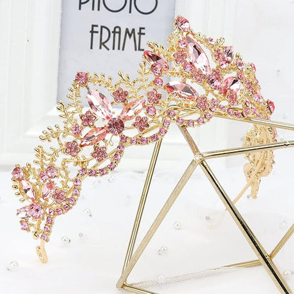 Pink Tiara for Women Gold Crown for Girls Wedding Princess Birthday Crystal Rhinestones Headbands for Prom Bridal Party Halloween Costume Christmas Gift